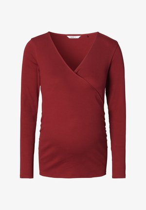 Long-sleeve, deep red maternity top with wrap-style V-neck and side ruching for stretch and comfort.