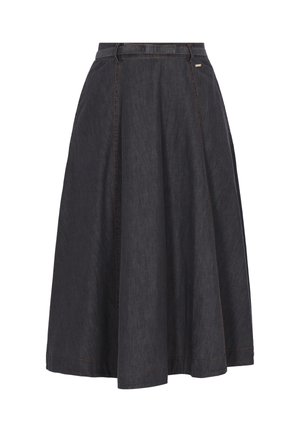 Tmavě šedá midi sukně do áčka s poutky na pásek a viditelným oranžovým prošitím podél švů a lemu.