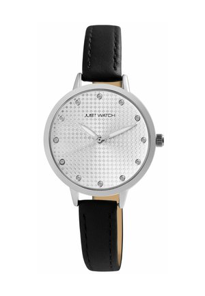 Silberne runde Uhr mit strukturiertem Zifferblatt, Kristall-Stundenmarkierungen, schwarzem Lederarmband und dem Markennamen "Just Watch" auf dem Zifferblatt.