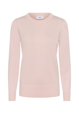 Langærmet sweater med rund hals i blød lyserød, ribstrikkede manchetter og kant, glat striktekstur, Saint mærke indeni kraven.