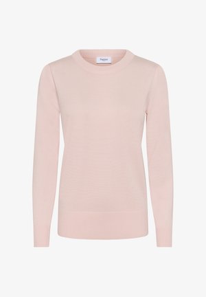 Suéter de manga larga con cuello redondo en rosa claro suave, puños y dobladillo acanalados, textura de punto lisa, etiqueta de la marca Saint en el interior del cuello.