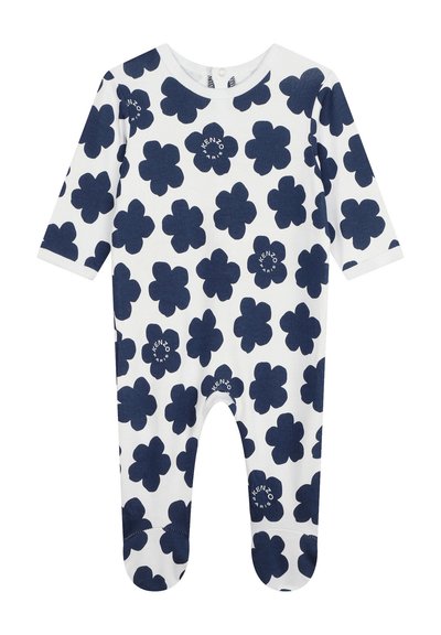 Grenouillère blanche avec motif de fleurs bleu marine, manches longues, col rond, fermeture à pression au dos et bas avec pieds, le tout en texture douce.