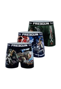 Trois paires de boxers pour hommes avec des imprimés graphiques de "L'Attaque des Titans", mettant en avant différents personnages et des couleurs vives, dans des tons noirs et verts.