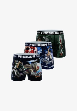 Trois paires de boxers pour hommes avec des imprimés graphiques de "L'Attaque des Titans", mettant en avant différents personnages et des couleurs vives, dans des tons noirs et verts.