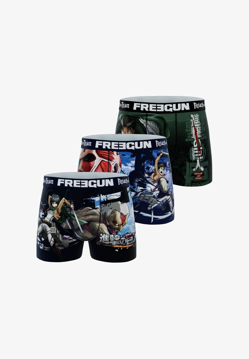 Trois paires de boxers pour hommes avec des imprimés graphiques de "L'Attaque des Titans", mettant en avant différents personnages et des couleurs vives, dans des tons noirs et verts.