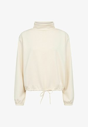 Maglione a collo alto di colore crema con maniche lunghe, polsini arricciati e orlo con coulisse per una vestibilità regolabile. Tessuto morbido con una silhouette rilassata.