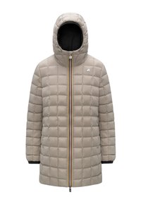 Giacca imbottita trapuntata beige con cappuccio, zip completa e dettagli neri sui polsini. Presenta un piccolo logo sul petto e una texture liscia.