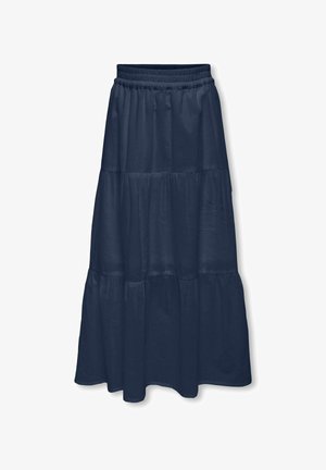 Gonna lunga a balze blu navy con vita elastica e sezioni di tessuto raccolto che creano una silhouette fluente.