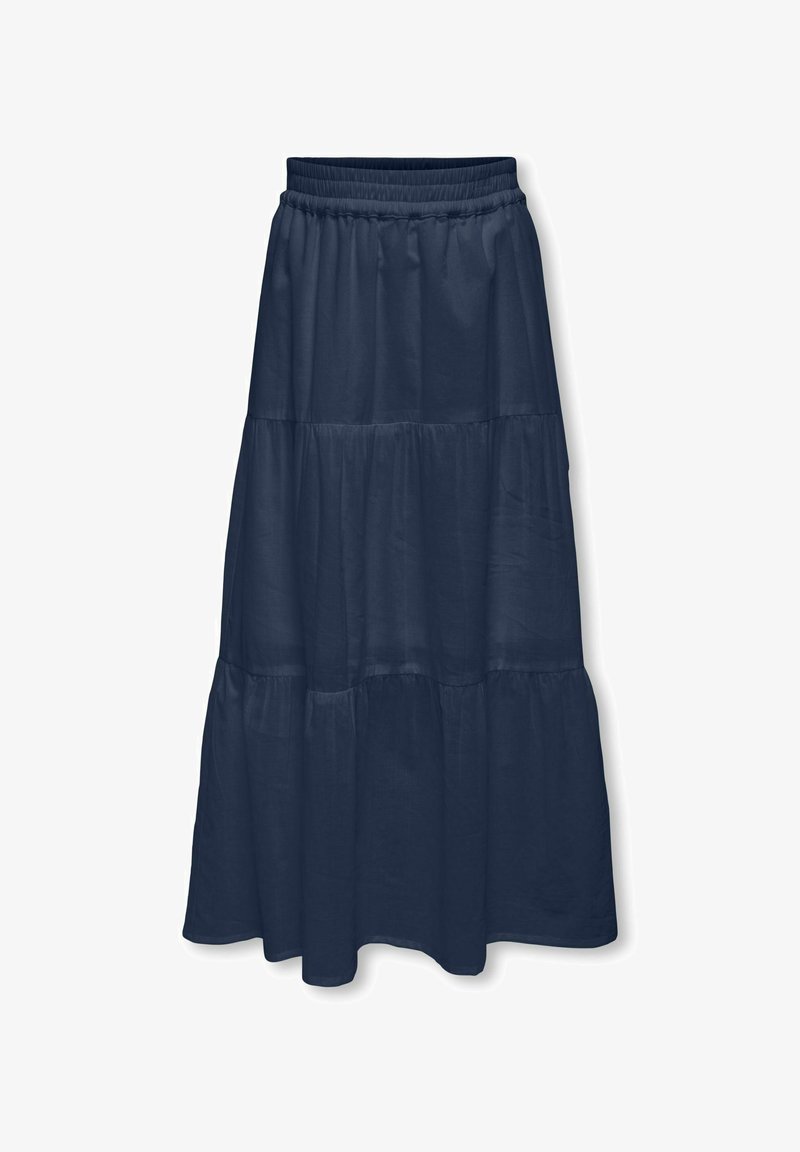 Jupe maxi à volants bleu marine avec taille élastique et sections de tissu froncées créant une silhouette fluide.