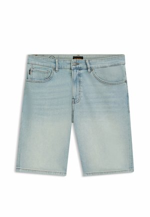 Light blue denim shorts with front pockets, belt loops, and a button closure, displayed flat on a white background.