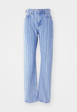 Light blue denim jeans with vertical white stripes, high waist, loose fit, five pockets, and a button-fly closure.