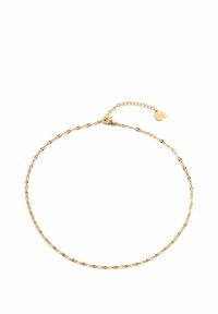 Goldkette mit elongated, gedrehten Gliedern, einem Karabinerverschluss und einer Verlängerungskette. Strukturierte Akzente in der Nähe des Verschlusses.