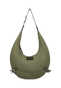 Borsa a spalla in tessuto verde con design curvo, dettagli in hardware nero e corpo imbottito. Presenta una tracolla regolabile e una patch con logo.