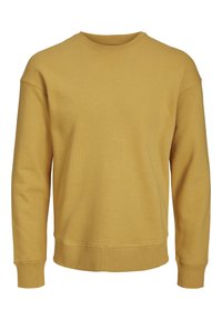 Sweat-shirt jaune moutarde à manches longues avec col rond, poignets et ceinture côtelés, design uni sans logos ni motifs visibles.