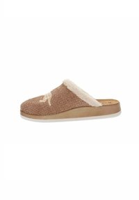 Pantofole in tessuto intrecciato marrone con un morbido bordo in pelliccia beige, suola in legno piatta e fondo in gomma bianca; presentano un motivo ricamato sulla parte superiore.