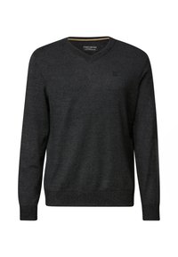 Dunkelgrauer V-Ausschnitt-Pullover aus strukturiertem Strickstoff; mit langen Ärmeln und einem kleinen Logo auf der Brust.