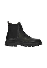 Svarta läder Chelsea-boots med elastiska sidopaneler, dragflik, rund tå och tjock sål med räfflor.