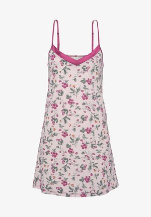 Bezdidžio rožinis naktinis rūbas su plonomis petnešomis, dekoruotas aviečių ir žalių lapų raštu bei tamsiai rožiniu apdailos kraštu aplink kaklą.