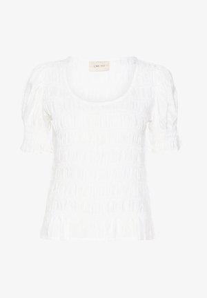 Balta īsām piedurknēm blūze ar apaļu kakla izgriezumu, smockota tekstūra un frills piedurknēm. Viegls audums; mīksta ar plūstošu siluetu.