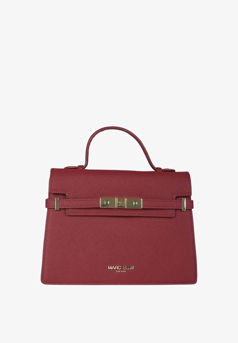 Rode handtas van nep leer met een gestructureerde vorm, een bovenhandvat en gouden accenten. Voorzien van een sluiting met vierkante details en een logo.