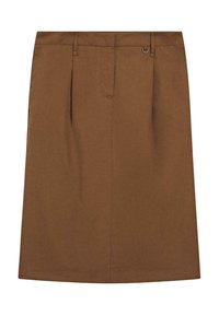 Jupe marron longueur genou avec passants de ceinture, un pli devant, une fermeture avant cachée et un petit détail d'anneau métallique près de la taille.