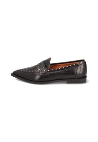 Black leather loafers with a pointed toe, featuring metal stud accents along the upper and sides, and a flat sole.