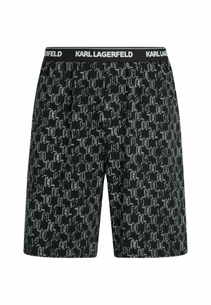 Shorts noirs avec un motif abstrait blanc "KL" et une ceinture noire avec le texte "KARL LAGERFELD" en lettres blanches.