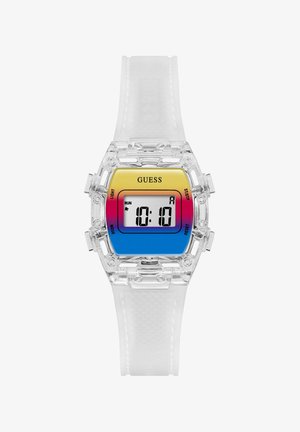 Digitaalne kell selge plastikust korpusega ja valgest silikoonist rihmaga. Omab värvikat näogu, mis üleminekult kollasest siniseks näitab aega.