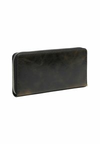 Czarny skórzany portfel o gładkiej fakturze, zamykany na zamek wzdłuż górnej krawędzi, z zaokrąglonymi rogami. Charakteryzuje się subtelnym połyskiem i minimalnymi przeszyciami.