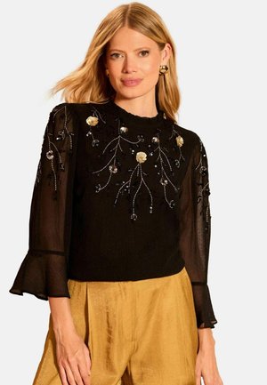 PETITE FIT - EMBELLISHED 3/4 FLUTE SLEEVE - Blúz - black gold