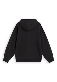 Sudadera con capucha negra, corte oversize, tejido suave, puños y dobladillo acanalados, diseño liso sin patrones ni logotipos visibles.
