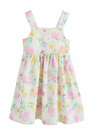 White sleeveless girl's dress with pink, yellow, and green floral pattern and a gathered waist skirt.