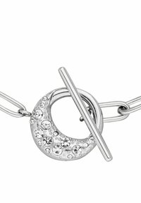 Silberne Halskette mit einem runden Anhänger, der mit funkelnden Kristallen besetzt ist, und einem Toggle-Verschluss, der eine glatte, polierte Oberfläche zeigt.