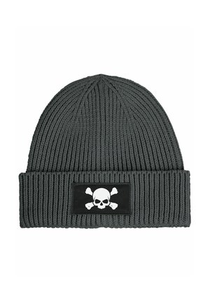 Gray knitted beanie with a ribbed texture, featuring a black patch displaying a white skull and crossbones design on the front.