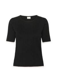 Černý ribrový pletený top s krátkým rukávem, s kulatým výstřihem a bílým lemem na rukávech. Disponuje přiléhavým střihem a měkkou texturou.