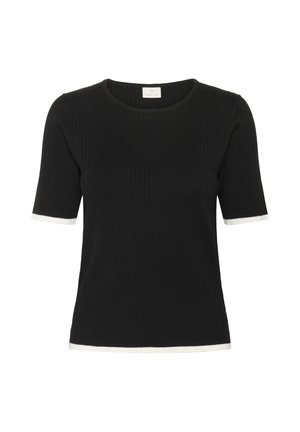 T-shirt noir en maille côtelée à manches courtes, avec des accents blancs sur les ourlets des manches et un col rond. Texture lisse.