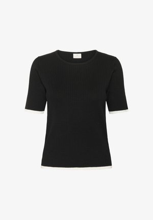 T-shirt noir en maille côtelée à manches courtes, avec des accents blancs sur les ourlets des manches et un col rond. Texture lisse.