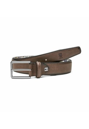 Brown leather belt with a smooth texture, silver rectangular buckle, and embossed logo. Inner lining features a colorful pattern.