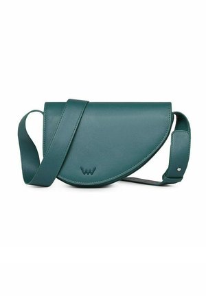 Teal green semi-circular leather crossbody bag with an adjustable strap and a subtle embossed logo on the front flap.