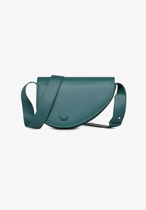 Teal green semi-circular leather crossbody bag with an adjustable strap and a subtle embossed logo on the front flap.