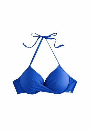 Blau gepolstertes Neckholder-Bikinitop mit verdrehtem Frontdetail und verstellbaren Nackenbändern, auf weißem Hintergrund dargestellt.