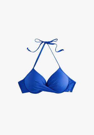Blau gepolstertes Neckholder-Bikinitop mit verdrehtem Frontdetail und verstellbaren Nackenbändern, auf weißem Hintergrund dargestellt.