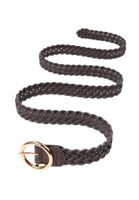 Cintura in pelle intrecciata marrone con fibbia circolare in oro, caratterizzata da una superficie liscia e un intricato design intrecciato lungo tutta la sua lunghezza.