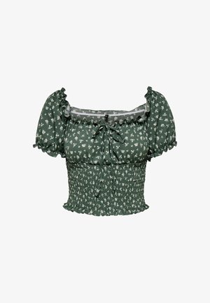 Groene top met pofmouwen, vierkante halslijn, en een gesmokt lichaam, versierd met een witte bloemenprint. Heeft ruches aan de randen en een strikdetail aan de voorkant.