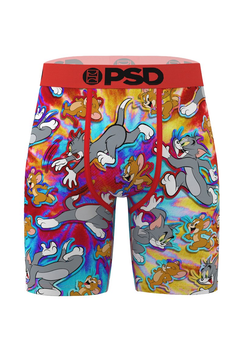 Boxer colorati con fascia in vita rossa, decorati con numerosi gatti grigi animati e topi marroni in pose giocose.