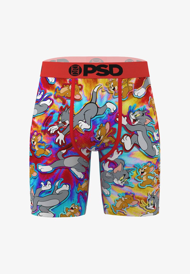 Boxer colorati con fascia in vita rossa, decorati con numerosi gatti grigi animati e topi marroni in pose giocose.