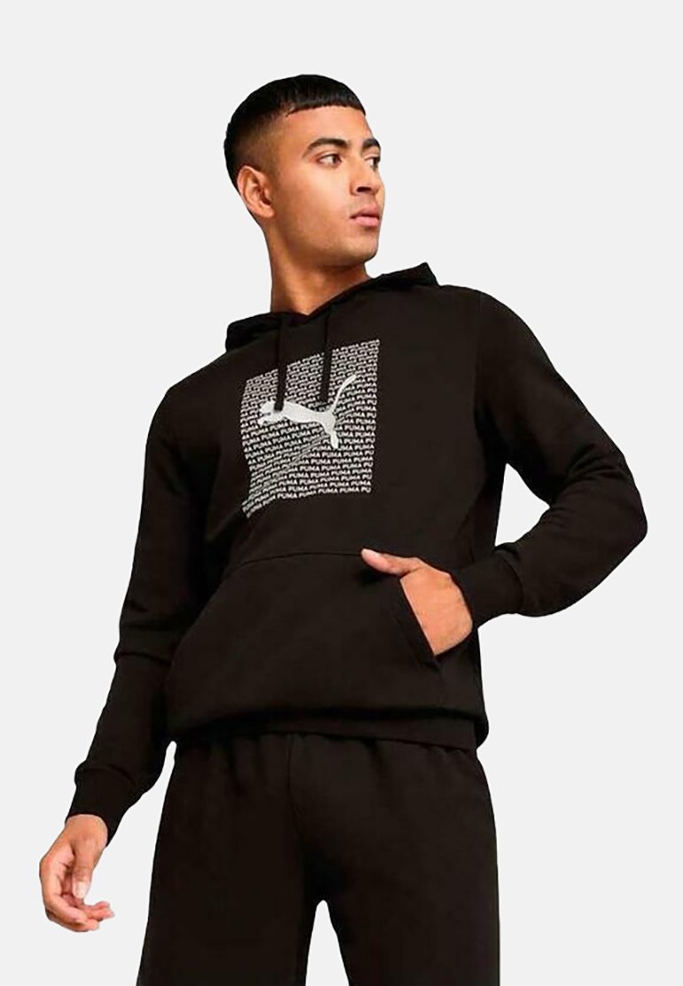 Sudadera negra con bolsillo frontal, un diseño de logo impreso y cordones en la capucha. Fabricada con un tejido suave y un corte relajado.