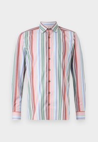 Button-up shirt featuring vertical stripes in multiple colors: red, green, blue, and white. Long sleeves and standard collar design.