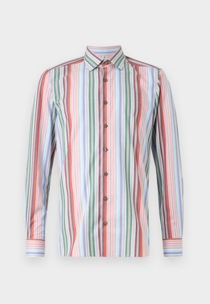 Knappar skjorta med vertikala ränder i flera färger: röd, grön, blå och vit. Långa ärmar och standardkrage.