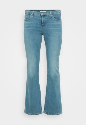 Modre flare jeans v svetlem pranju, izdelani iz denima. Imajo klasičen pet-džepni dizajn, zanke za pas in zadrgo na sprednji strani.
